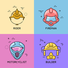Vector set of flat line icons with shift of helmets of a rider, fireman, motorcyclist and builder on colorful background.