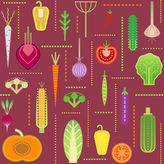 Seamless trendy pattern with various geometric vegetables on dark red background. For vegan restaurant menu, posters, packaging, tablecloth.