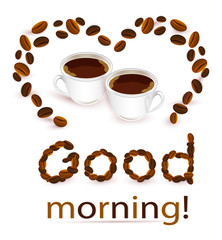 Abstract background with coffee beans and cups