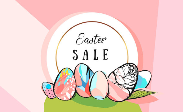 Easter sale tulips eggs and text EPS 10 vector royalty free stock illustration for greeting card, ad, promotion, poster, flier, blog, article, social media