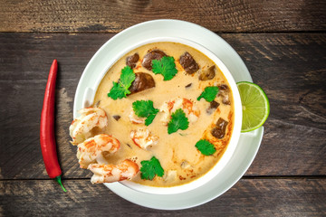 Tom Yam, traditional Thai soup with shrimps and mushrooms