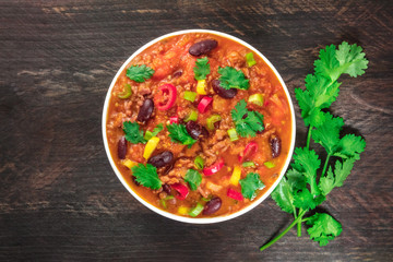 Chili con carne, traditional Mexican dish, with copyspace