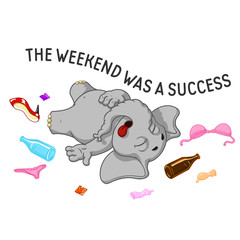 Elephant. Character. Party. After party. Disorder. Stag party. Big collection of isolated elephants. Vector, cartoon.