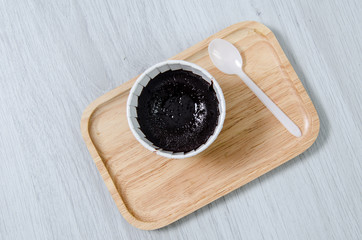 Chocolate lava cup cake on wooden background with copy space.