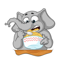 Elephant. Character. He eats porridge with a spoon. Big collection of isolated elephants. Vector, cartoon.