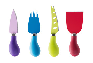 Set of multicolored cheese knives