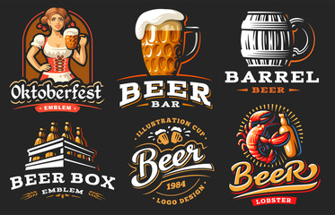 Set beer logo - vector illustration, emblem brewery design on black background