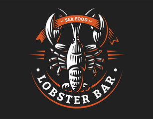 Lobster vector logo illustration. Crustacean in a vintage style on white and dark background.
