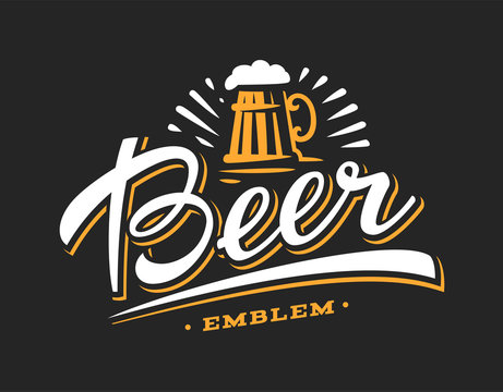 Mug beer logo- vector illustration, emblem brewery design on dark background