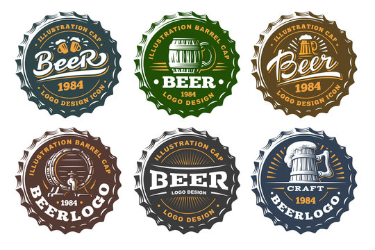 Set beer logo on caps - vector illustration, emblem brewery design on white background