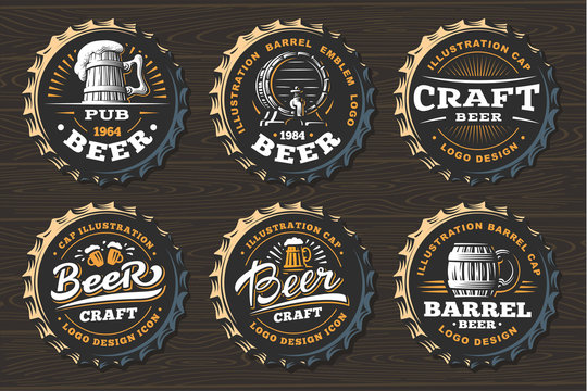Set beer logo on caps - vector illustration, emblem brewery design on black background