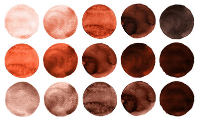Set of burgundy, brown, dark red, sienna, rufous, maroon watercolor circles isolated on white.