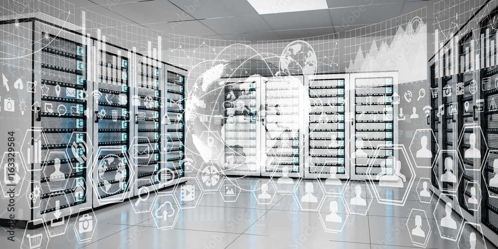 Poster Graph holograms flying over server room data center 3D rendering