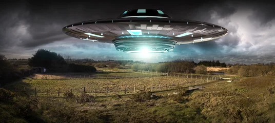 Fotobehang UFO-invasie op planeet aarde landschap 3D-rendering © sdecoret