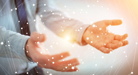 Businessman using flying network connection interface 3D rendering