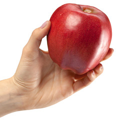 Woman holding out hands offering an apple isolated
