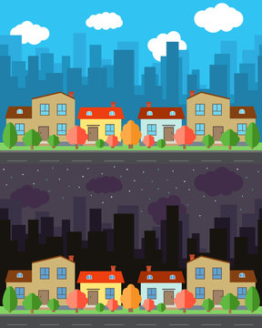 Vector city with four one and two-story cartoon houses in the day and night. Summer urban landscape. Street view with cityscape on a background
