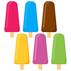 Set of vector illustration of ice cream. Multicolored creamy ice cream on a wooden stick
