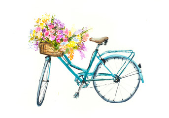 Retro blue bicycle with flowers in basket on white isolation, watercolor hand drawn on paper
