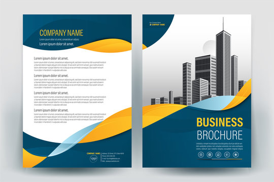 Brochure Cover Layout with blue and yellow wavy in A4 Size Vector Template