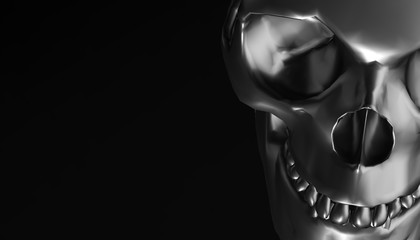 Silver human skull with dark background. Death, horror, anatomy and halloween symbol. 