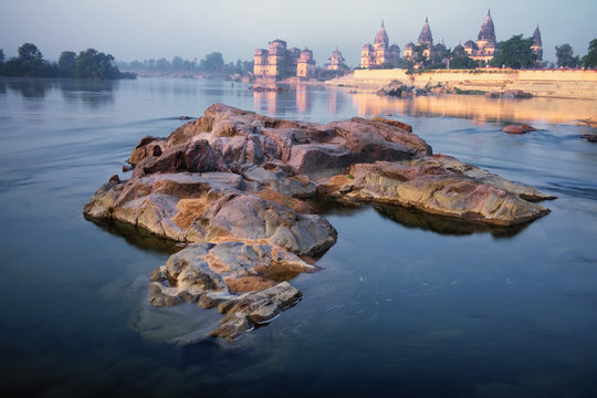 Morning on Betwa riwer, with the religious moniments in the background
