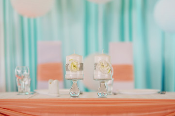 luxury wedding decorations with gentle rose, flowers composition on ceremony place