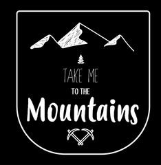 Hand drawn emblem of mountains on black background, fully editable.