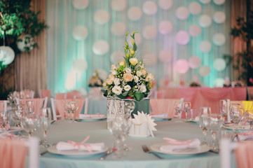 luxury wedding decorations with gentle rose, flowers composition on ceremony place