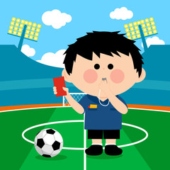 Soccer referee at a stadium blowing a whistle and showing a red card. Vector illustration
