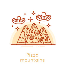 Pizza mountains and mushroom clouds in thin line flat design. Cartoon fast food banner.