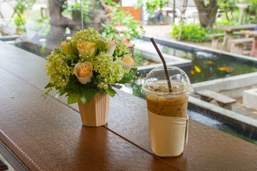 ice coffee  and flower pots