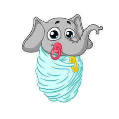 Elephant. Character. The baby is wrapped with a pacifier in his mouth. Big collection of isolated elephants. Vector, cartoon.