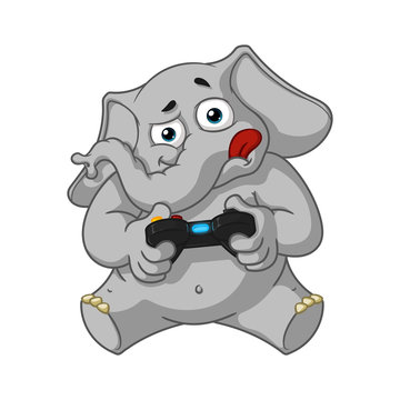 Elephant. Character. Playing video games, joystick, gamepad. Big collection of isolated elephants. Vector, cartoon.