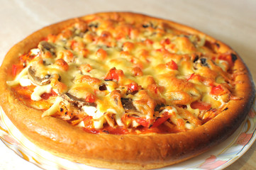 Baked homemade pizza on a white dish on wooden table