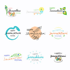 Happy Janmashtami festival typographic design with text, Lord Krishna, flute, sweets. Vector illustration