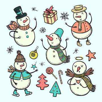 Vector doodle illustration set of winter holidays snowman with Christmas tree, candy, snowflakes, gifts. Funny snowmen in different costumes isolated on white background.
