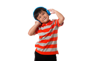 Music and technology concept.Little boy with headphones.Isolated