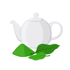 Green tea - asian drink. Teapot, leaves of matcha tea, teakettle