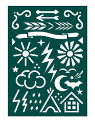 Laser cut template for planner notebook or journal dairy stencil. Arrows, house, cloud, sun, moon, stars, lightning. Vector illustration.