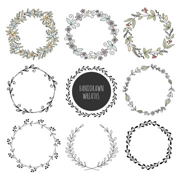 Handdrawn vector wreaths. Wedding floral wreaths. Design elements for invitations, greeting cards, logos