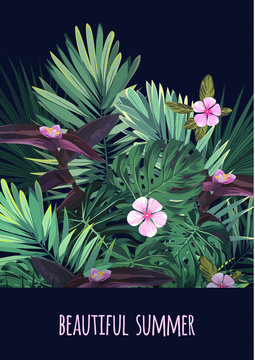 Floral vertical postcard design with tropical flowers, monstera and royal palm leaves. Exotic hawaiian vector background.