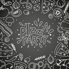 Pizza ingredients on chalkboard background