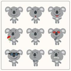 Vector set of isolated koala bear with different emotions. Collection funny koala bear in cartoon style.
