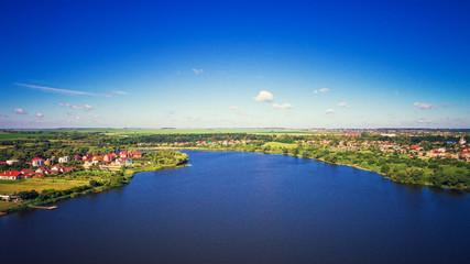 Obraz premium drone with a camera, beautiful summer small river from a height