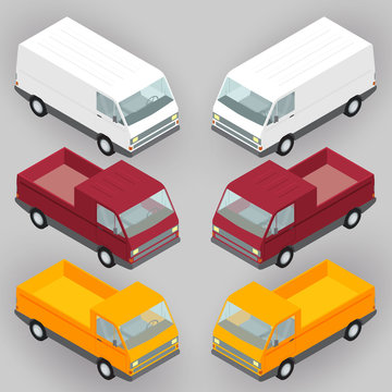 Isometric delivery vans, trucks set, vector illustration. Flat vehicle mini van, trailer side view. Cargo land delivery transportation concept.