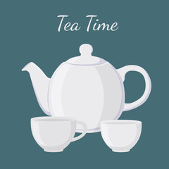 White teapot and cup in cartoon flat style. Vector illustration