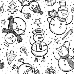 Vector illustration of holidays snowman with Christmas tree, candy, snowflakes, gift. Christmas and New Year set for design.