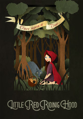 Little Red Riding Hood and wolf in front of forest fairy tale illustration