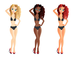 Set of three girls wearing bikini swimsuit
